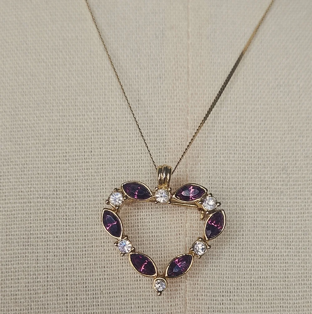 Vintage Heart Brooch Pendant Purple Rhinestone Gold Tone Convertible Pin
